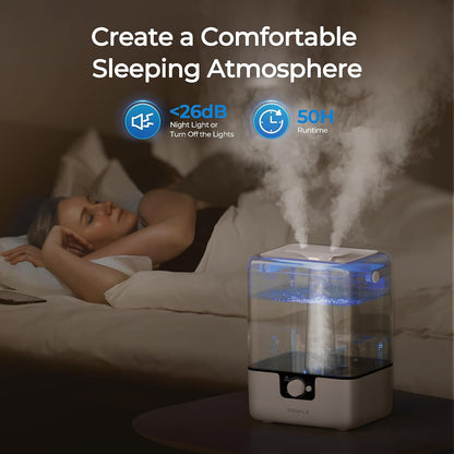 Humidifiers for Bedroom, 6L Cool Mist Humidifiers for Baby Nursery, 26dB Quiet, 50H Runtime, Top Fill Humidifier for Large Room, Home, Plants, Nightlight, Oil Diffuser 1 Pack White