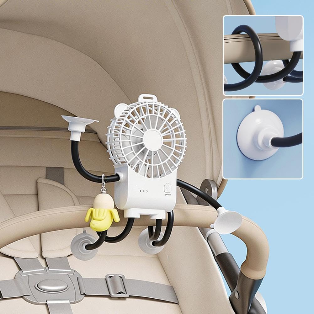 2026 New Portable Mini Fan with Flexible Suction Cup Tripod - 3-Speed Rechargeable Personal Fan for Baby Stroller, Car Seat & Office | 4-Leg Wrap-around Fans with Silicone Suction Cups (Black)