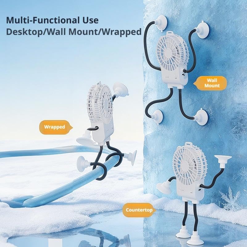 2026 New Portable Mini Fan with Flexible Suction Cup Tripod - 3-Speed Rechargeable Personal Fan for Baby Stroller, Car Seat & Office | 4-Leg Wrap-around Fans with Silicone Suction Cups (Black)