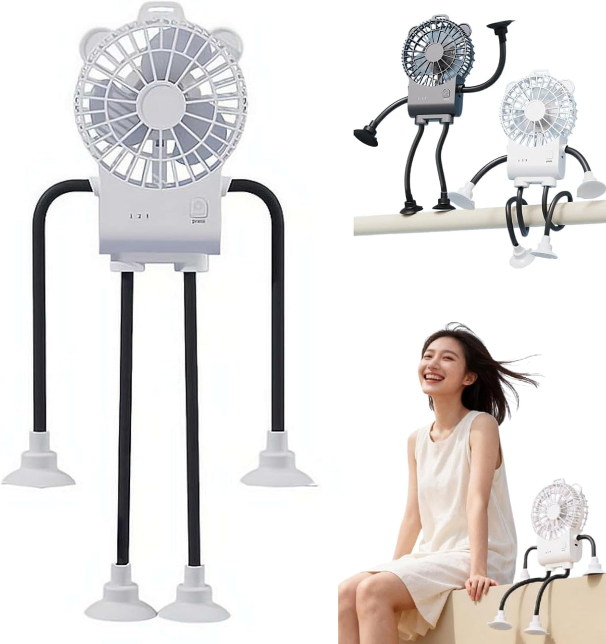 2026 New Portable Mini Fan with Flexible Suction Cup Tripod - 3-Speed Rechargeable Personal Fan for Baby Stroller, Car Seat & Office | 4-Leg Wrap-around Fans with Silicone Suction Cups (Black)