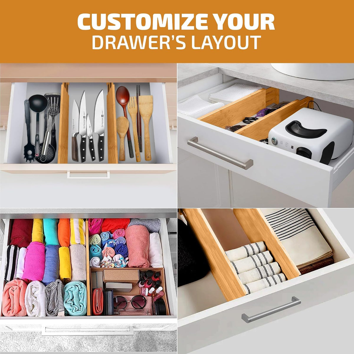 6-Pack Drawer Dividers 6-Inch High Dresser Drawer Organizer 11.5 to 17 Inch