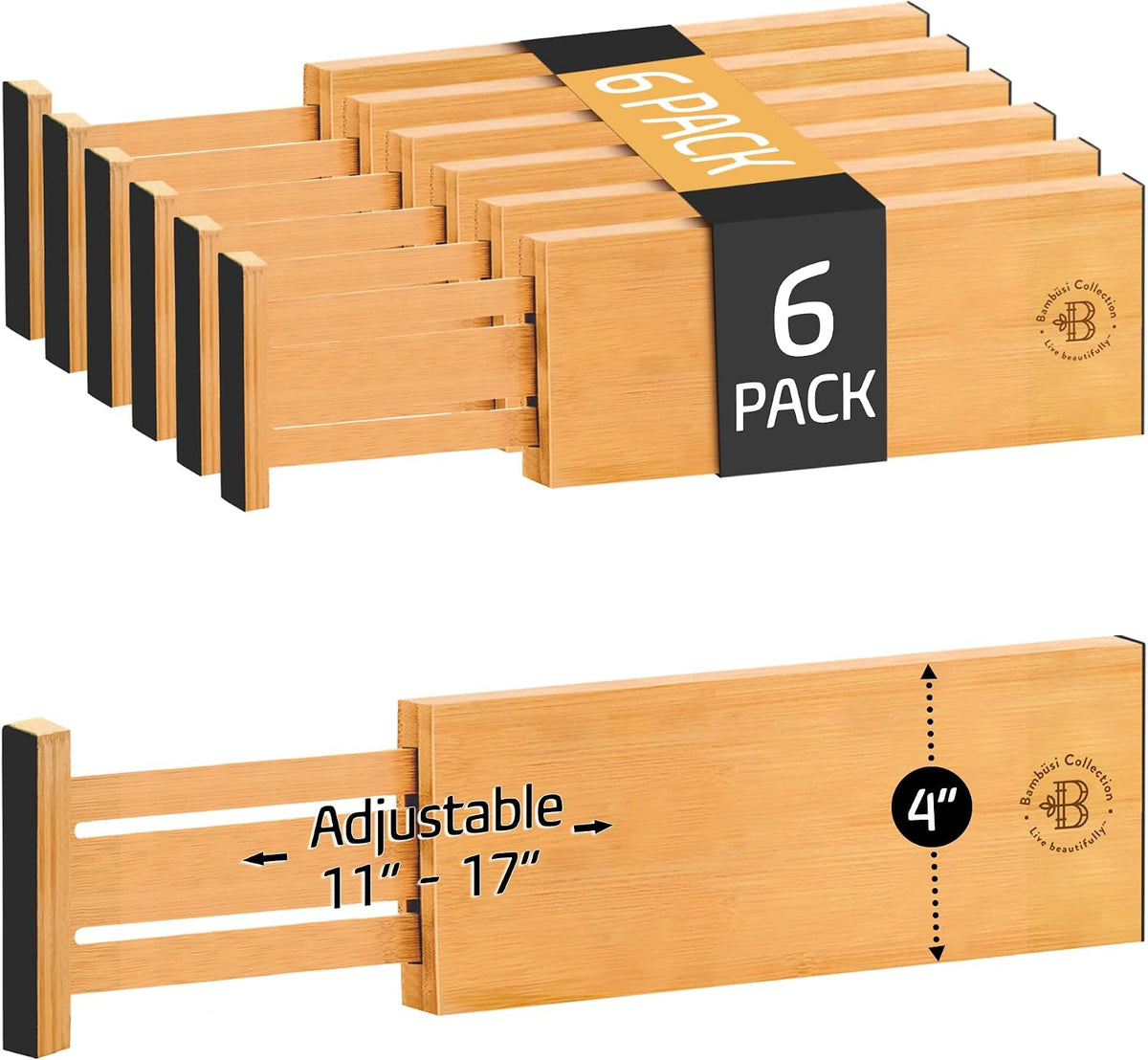 6-Pack Drawer Dividers 6-Inch High Dresser Drawer Organizer 11.5 to 17 Inch