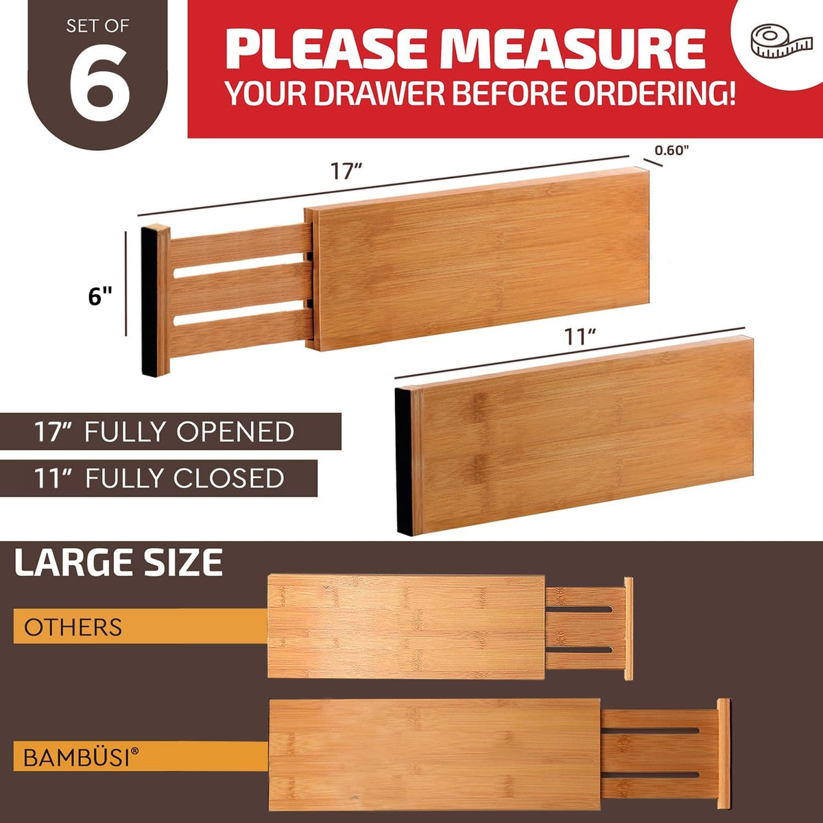 6-Pack Drawer Dividers 6-Inch High Dresser Drawer Organizer 11.5 to 17 Inch