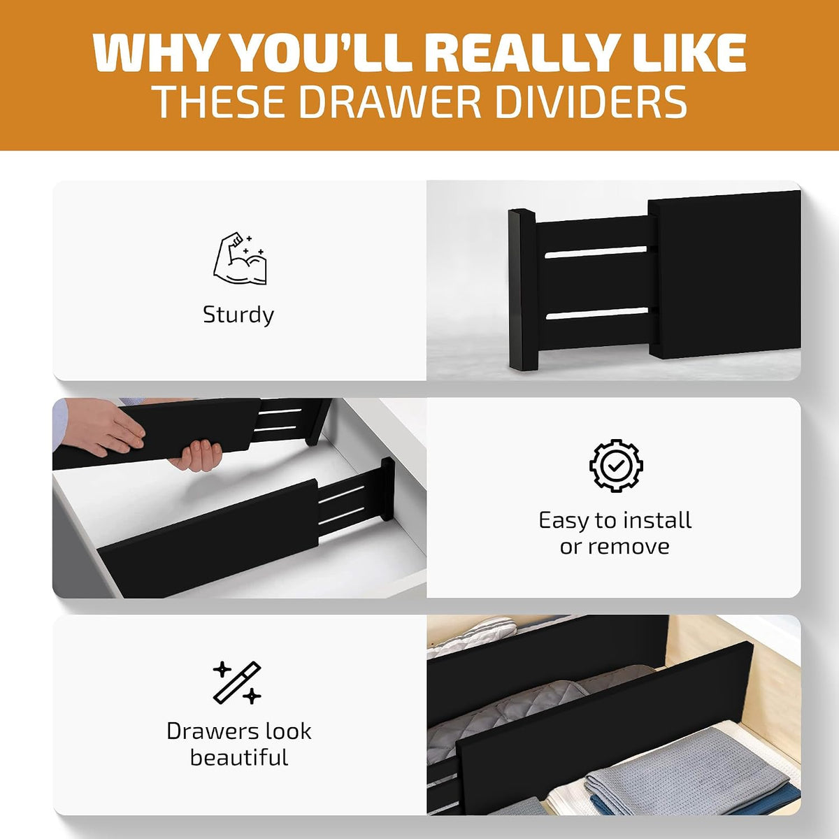 6-Pack Drawer Dividers 6-Inch High Dresser Drawer Organizer 11.5 to 17 Inch