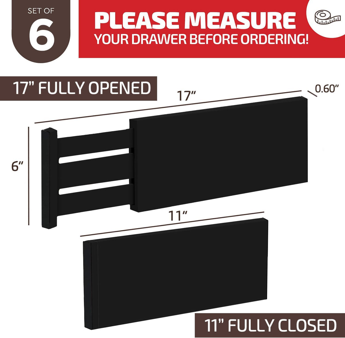 6-Pack Drawer Dividers 6-Inch High Dresser Drawer Organizer 11.5 to 17 Inch