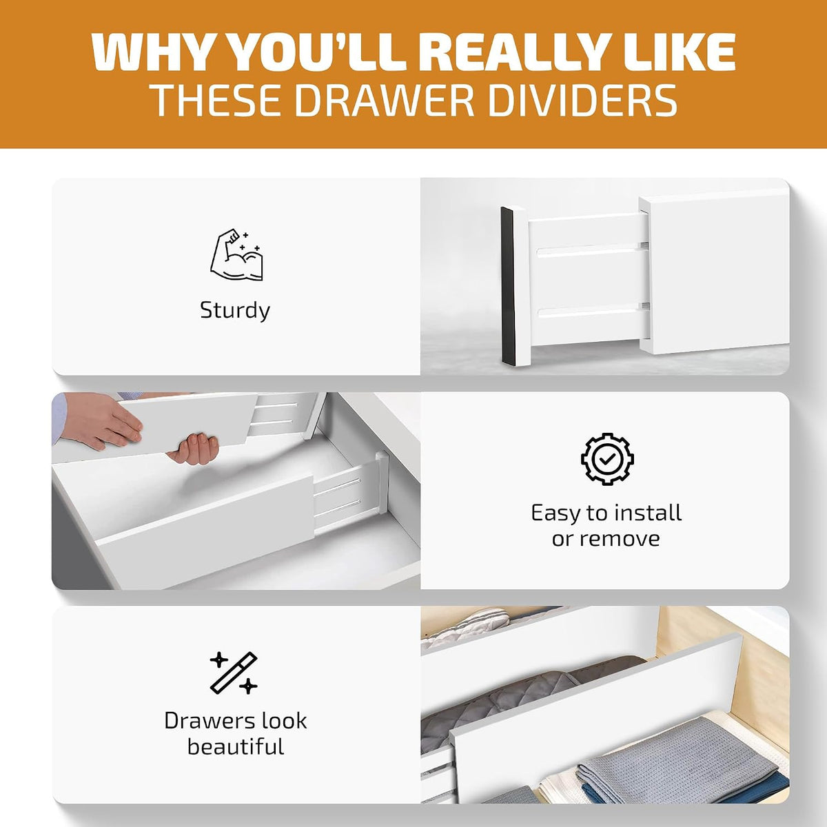 6-Pack Drawer Dividers 6-Inch High Dresser Drawer Organizer 11.5 to 17 Inch