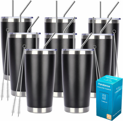 20oz Stainless Steel Insulated Tumblers Bulk, Navy Blue, 8 Pack | Double Wall Vacuum Travel Mug, BPA Lid, Straight & Curved Straws+Brush, Hot & Cold Drinks, Individually Package, Bulk