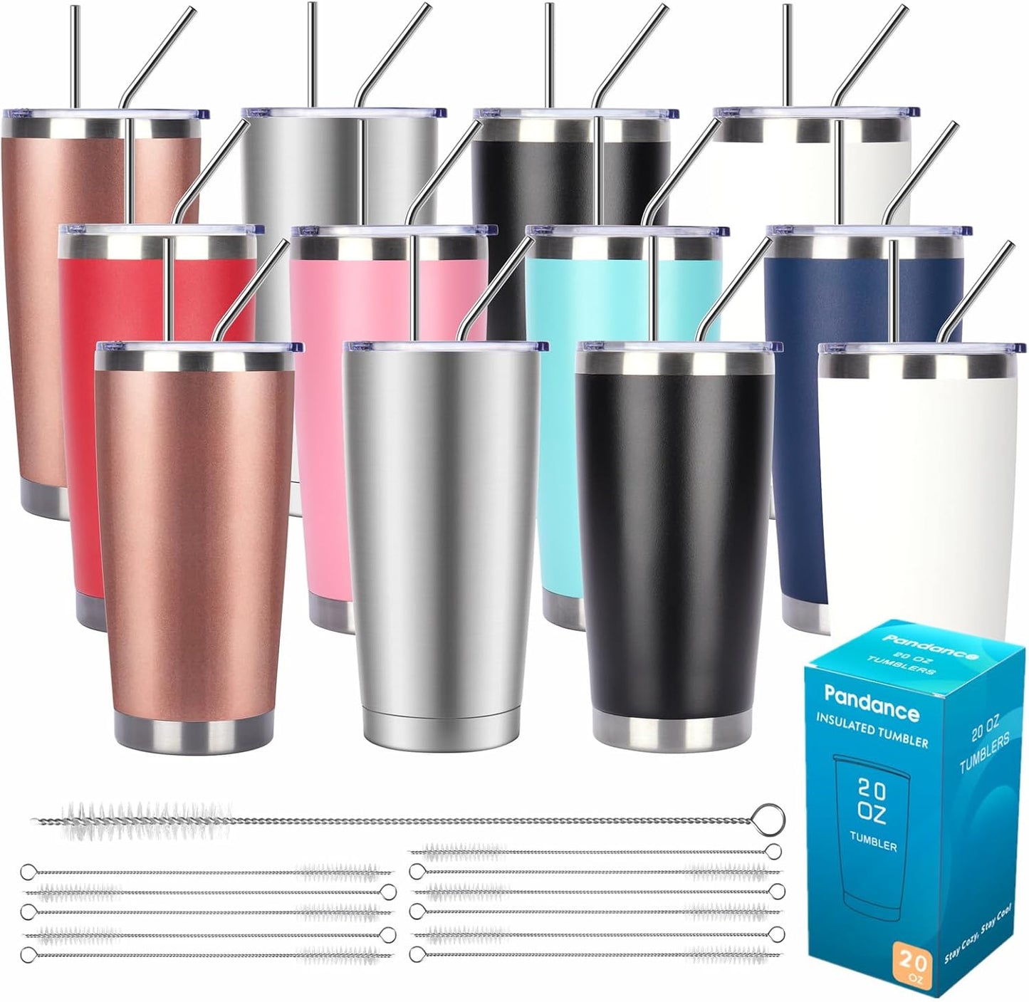 20oz Stainless Steel Insulated Tumblers Bulk, Navy Blue, 8 Pack | Double Wall Vacuum Travel Mug, BPA Lid, Straight & Curved Straws+Brush, Hot & Cold Drinks, Individually Package, Bulk
