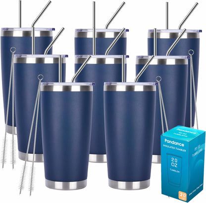 20oz Stainless Steel Insulated Tumblers Bulk, Navy Blue, 8 Pack | Double Wall Vacuum Travel Mug, BPA Lid, Straight & Curved Straws+Brush, Hot & Cold Drinks, Individually Package, Bulk