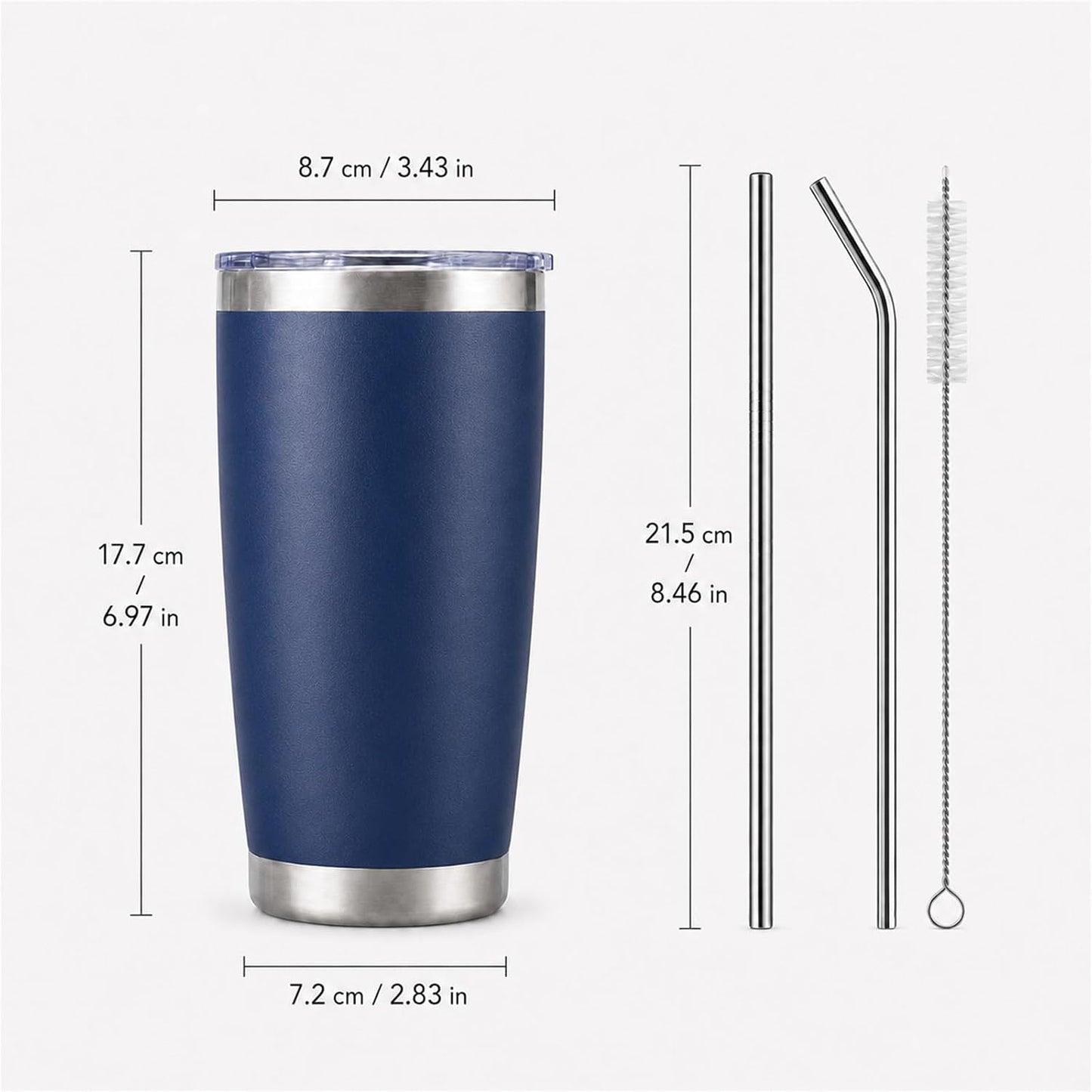 20oz Stainless Steel Insulated Tumblers Bulk, Navy Blue, 8 Pack | Double Wall Vacuum Travel Mug, BPA Lid, Straight & Curved Straws+Brush, Hot & Cold Drinks, Individually Package, Bulk