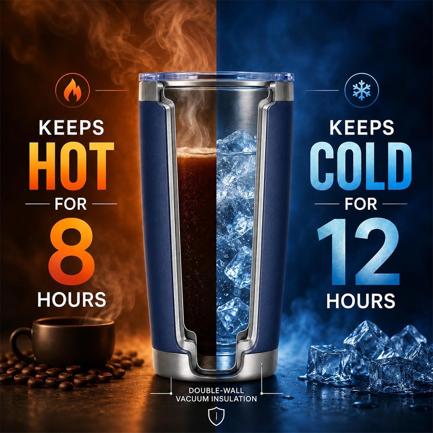 20oz Stainless Steel Insulated Tumblers Bulk, Navy Blue, 8 Pack | Double Wall Vacuum Travel Mug, BPA Lid, Straight & Curved Straws+Brush, Hot & Cold Drinks, Individually Package, Bulk