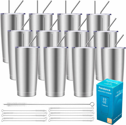 20oz Stainless Steel Insulated Tumblers Bulk, Navy Blue, 8 Pack | Double Wall Vacuum Travel Mug, BPA Lid, Straight & Curved Straws+Brush, Hot & Cold Drinks, Individually Package, Bulk