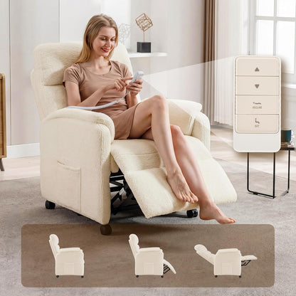 Furnimart Power Recliner Chair with 360 Swivel Casters, Electric Reclining Chair for Adults, Small Recliners for Small Spaces, Nursery Chair with Padded Armrest, Side Pocket, Faux Fur, Beige