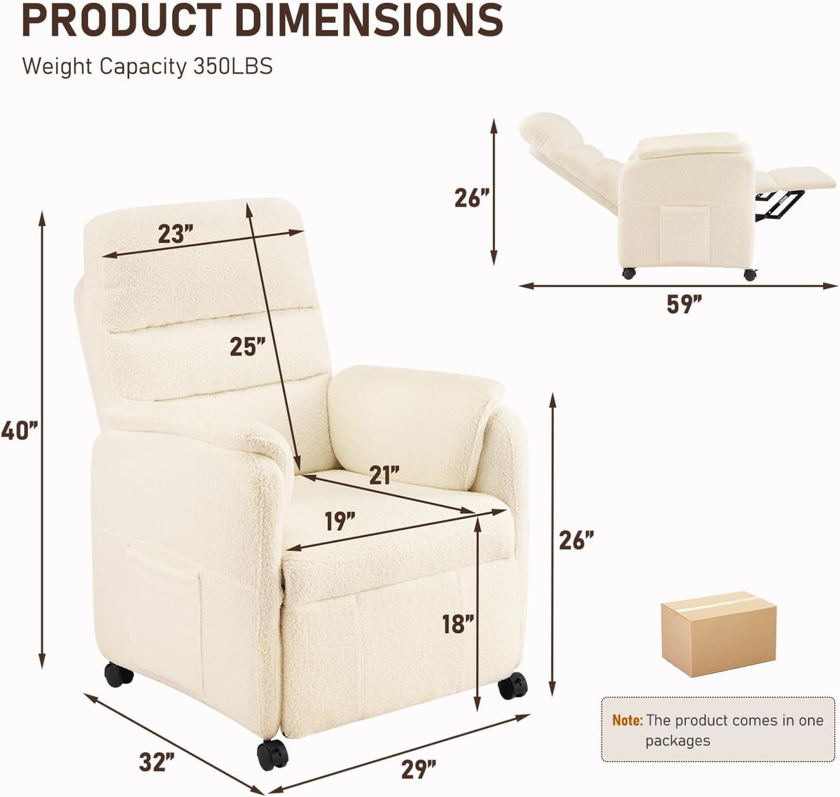Furnimart Power Recliner Chair with 360 Swivel Casters, Electric Reclining Chair for Adults, Small Recliners for Small Spaces, Nursery Chair with Padded Armrest, Side Pocket, Faux Fur, Beige