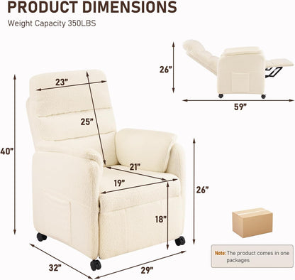 Furnimart Power Recliner Chair with 360 Swivel Casters, Electric Reclining Chair for Adults, Small Recliners for Small Spaces, Nursery Chair with Padded Armrest, Side Pocket, Faux Fur, Beige