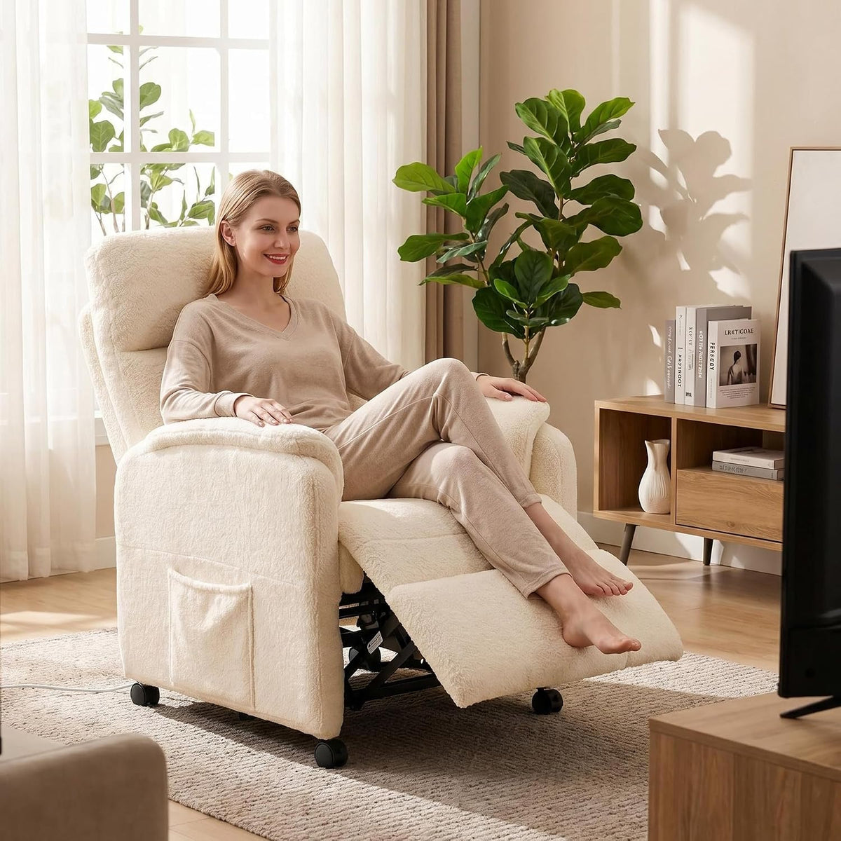 Furnimart Power Recliner Chair with 360 Swivel Casters, Electric Reclining Chair for Adults, Small Recliners for Small Spaces, Nursery Chair with Padded Armrest, Side Pocket, Faux Fur, Beige