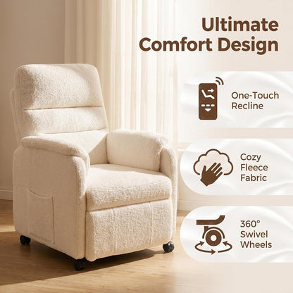 Furnimart Power Recliner Chair with 360 Swivel Casters, Electric Reclining Chair for Adults, Small Recliners for Small Spaces, Nursery Chair with Padded Armrest, Side Pocket, Faux Fur, Beige