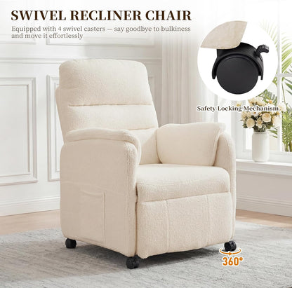 Furnimart Power Recliner Chair with 360 Swivel Casters, Electric Reclining Chair for Adults, Small Recliners for Small Spaces, Nursery Chair with Padded Armrest, Side Pocket, Faux Fur, Beige