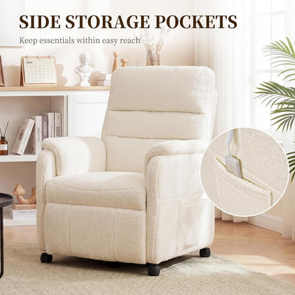 Furnimart Power Recliner Chair with 360 Swivel Casters, Electric Reclining Chair for Adults, Small Recliners for Small Spaces, Nursery Chair with Padded Armrest, Side Pocket, Faux Fur, Beige