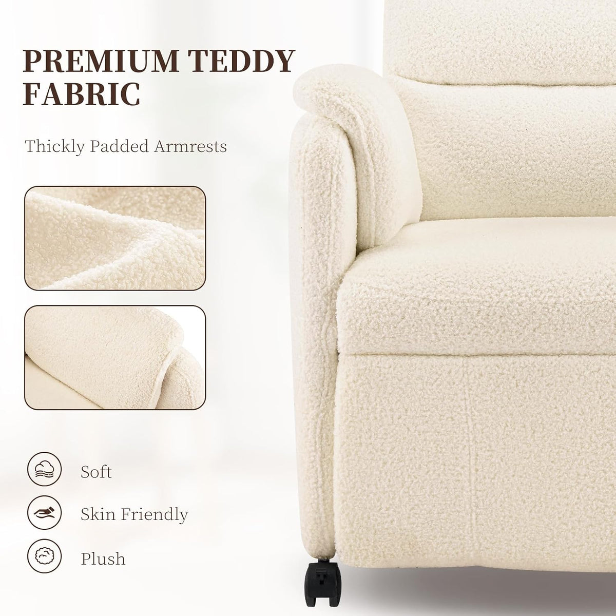 Furnimart Power Recliner Chair with 360 Swivel Casters, Electric Reclining Chair for Adults, Small Recliners for Small Spaces, Nursery Chair with Padded Armrest, Side Pocket, Faux Fur, Beige