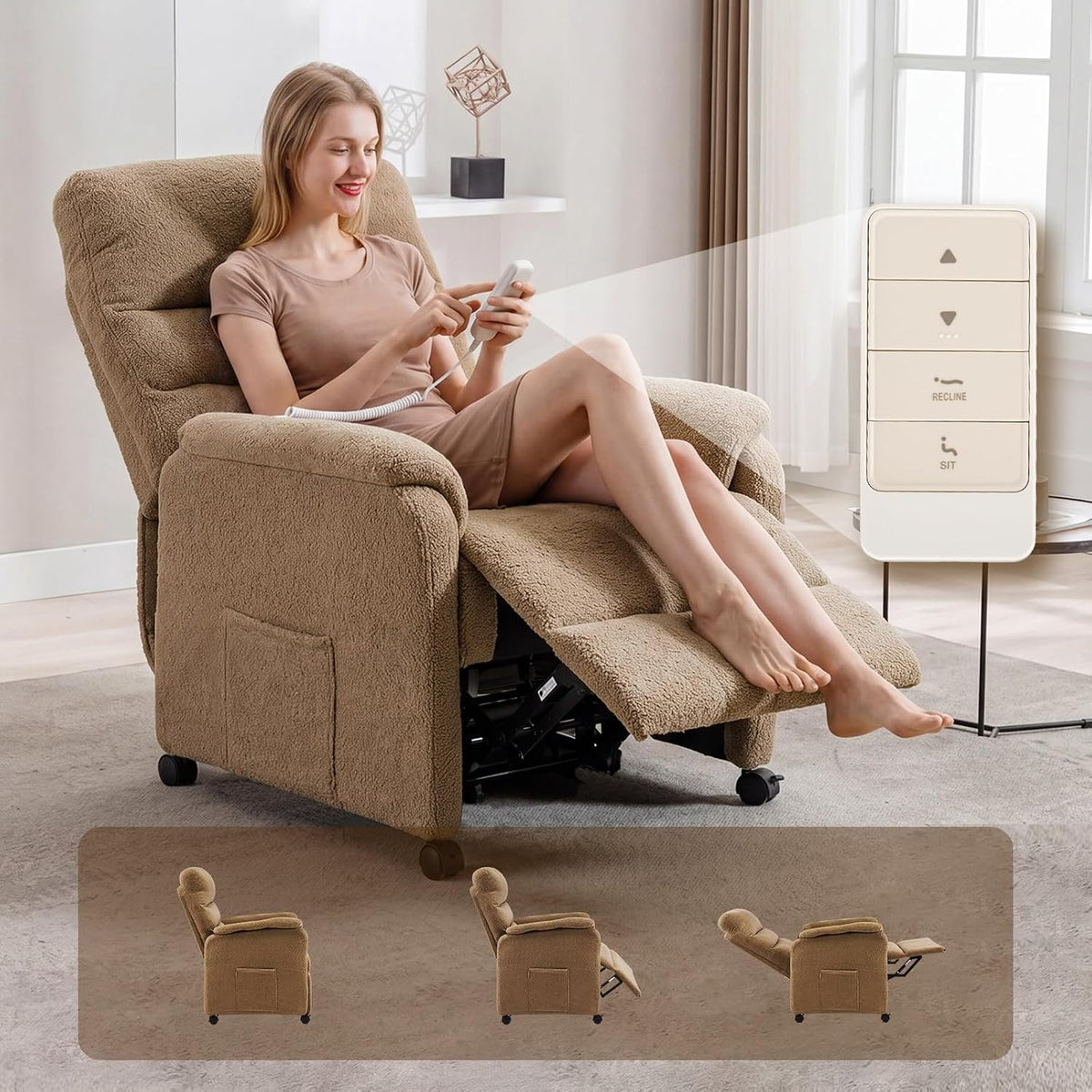 Furnimart Power Recliner Chair with 360 Swivel Casters, Electric Reclining Chair for Adults, Small Recliners for Small Spaces, Nursery Chair with Padded Armrest, Side Pocket, Faux Fur, Beige
