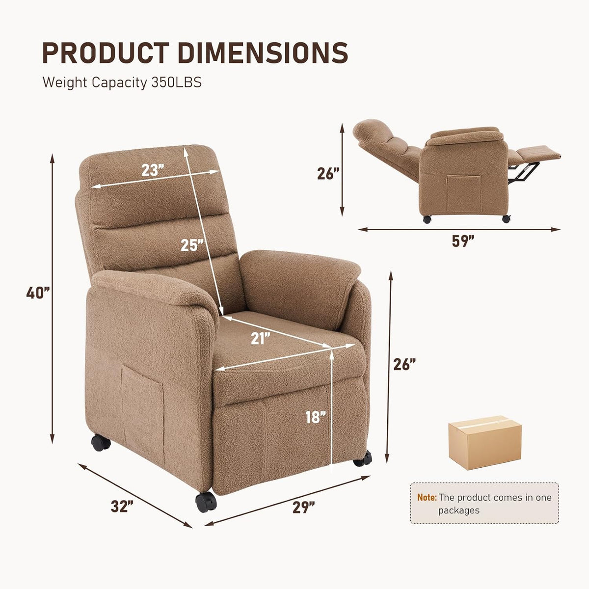 Furnimart Power Recliner Chair with 360 Swivel Casters, Electric Reclining Chair for Adults, Small Recliners for Small Spaces, Nursery Chair with Padded Armrest, Side Pocket, Faux Fur, Beige