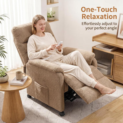 Furnimart Power Recliner Chair with 360 Swivel Casters, Electric Reclining Chair for Adults, Small Recliners for Small Spaces, Nursery Chair with Padded Armrest, Side Pocket, Faux Fur, Beige