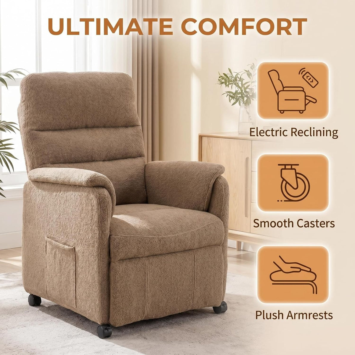 Furnimart Power Recliner Chair with 360 Swivel Casters, Electric Reclining Chair for Adults, Small Recliners for Small Spaces, Nursery Chair with Padded Armrest, Side Pocket, Faux Fur, Beige