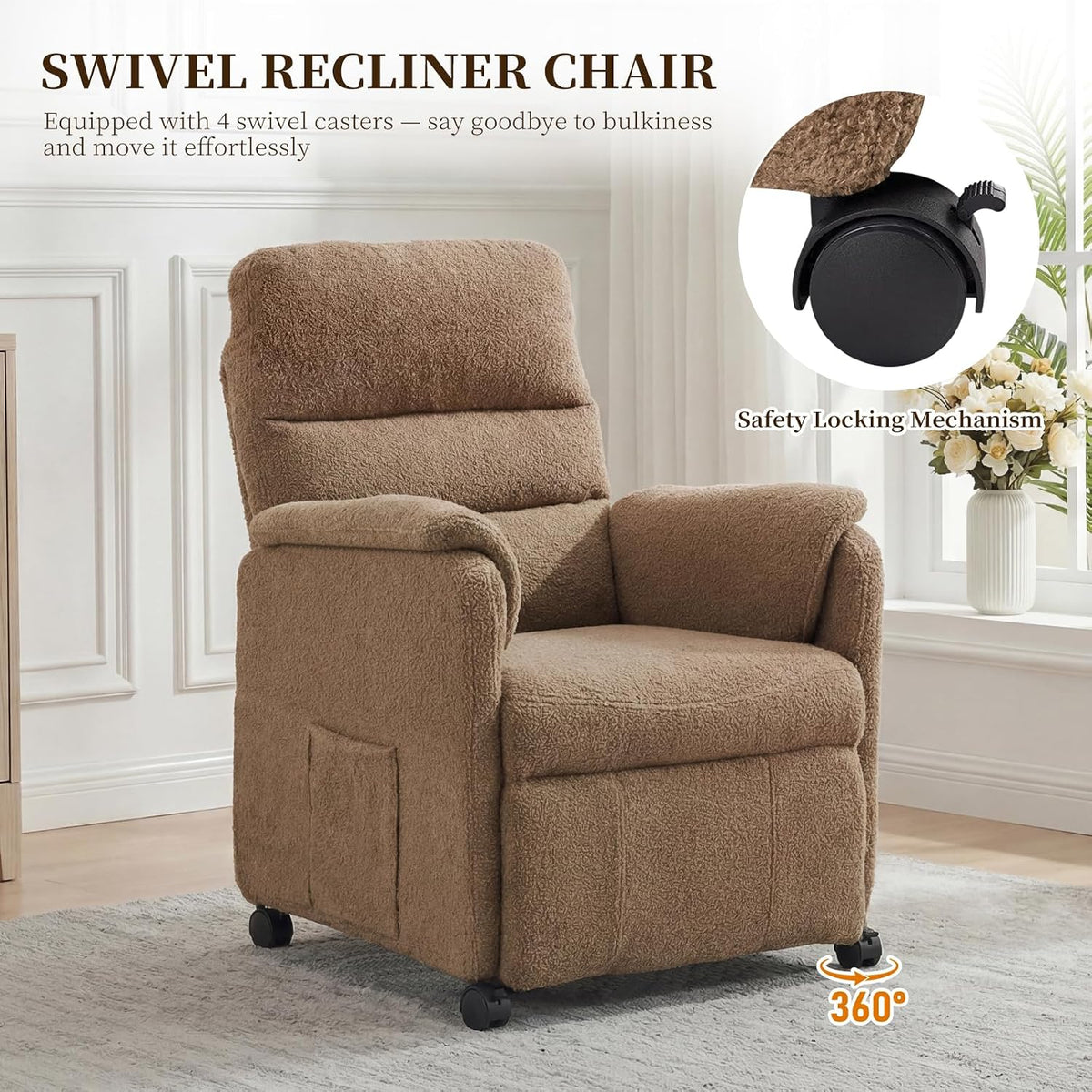 Furnimart Power Recliner Chair with 360 Swivel Casters, Electric Reclining Chair for Adults, Small Recliners for Small Spaces, Nursery Chair with Padded Armrest, Side Pocket, Faux Fur, Beige
