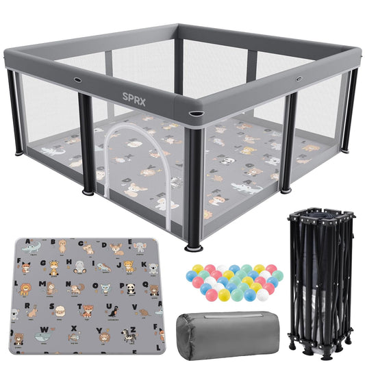 Foldable Baby Playpen with Mat,50"×50" Collapsible Playard for Babies and Toddlers,Indoor&Outdoor Kids Safety Play Pen,Portable Travel Playpen ‌with Travel Pack and 50 Ocean Balls