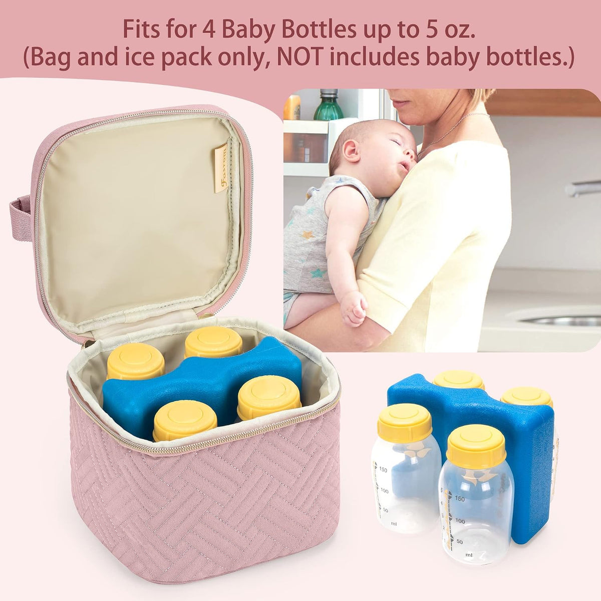 Breastmilk Cooler Bag with Ice Pack, Holds 4 Baby Bottles up to 5 oz