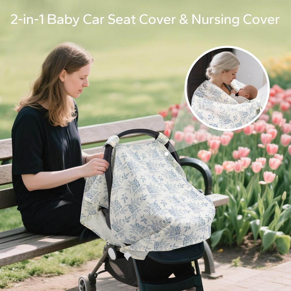 2-in-1 Muslin Baby Car Seat Cover & Nursing Cover, Soft Lightweight Breastfeeding Cover for Boys and Girls,Breathable Canopy for Infant Carseat & Stroller for Summer—Blueberrie