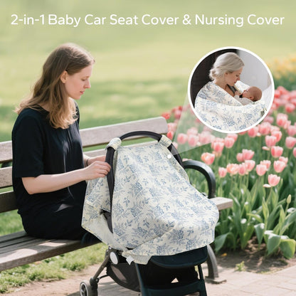 2-in-1 Muslin Baby Car Seat Cover & Nursing Cover, Soft Lightweight Breastfeeding Cover for Boys and Girls,Breathable Canopy for Infant Carseat & Stroller for Summer—Blueberrie
