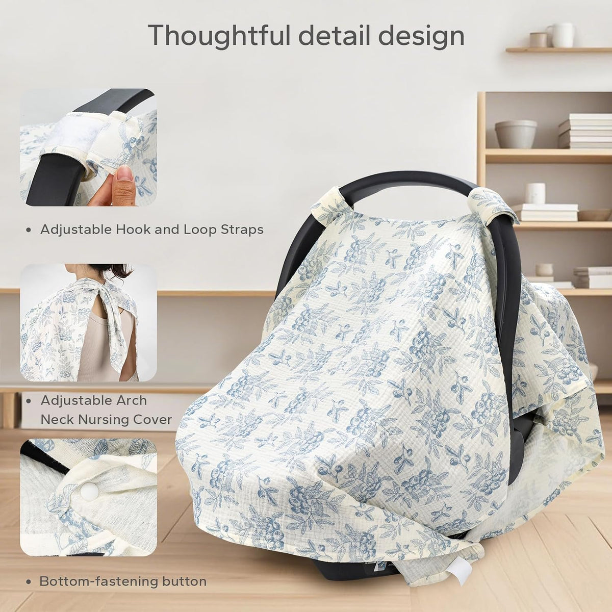 2-in-1 Muslin Baby Car Seat Cover & Nursing Cover, Soft Lightweight Breastfeeding Cover for Boys and Girls,Breathable Canopy for Infant Carseat & Stroller for Summer—Blueberrie