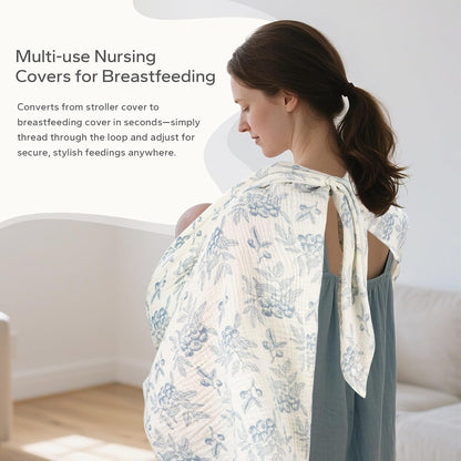2-in-1 Muslin Baby Car Seat Cover & Nursing Cover, Soft Lightweight Breastfeeding Cover for Boys and Girls,Breathable Canopy for Infant Carseat & Stroller for Summer—Blueberrie