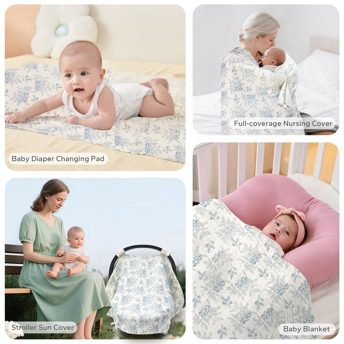 2-in-1 Muslin Baby Car Seat Cover & Nursing Cover, Soft Lightweight Breastfeeding Cover for Boys and Girls,Breathable Canopy for Infant Carseat & Stroller for Summer—Blueberrie