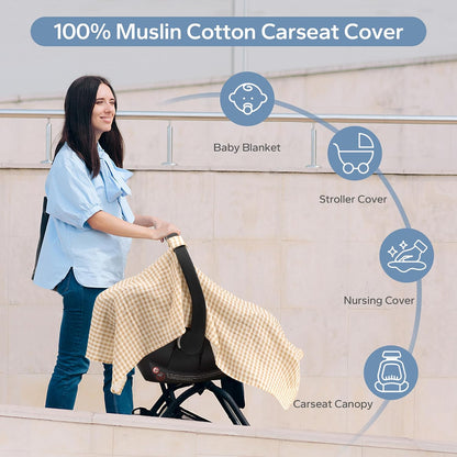 2-in-1 Muslin Baby Car Seat Cover & Nursing Cover, Soft Lightweight Breastfeeding Cover for Boys and Girls,Breathable Canopy for Infant Carseat & Stroller for Summer—Blueberrie