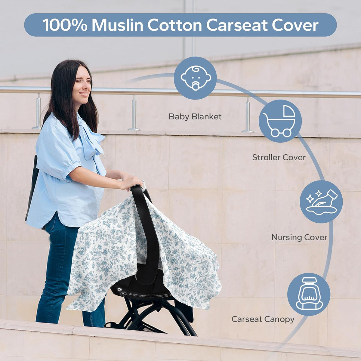 2-in-1 Muslin Baby Car Seat Cover & Nursing Cover, Soft Lightweight Breastfeeding Cover for Boys and Girls,Breathable Canopy for Infant Carseat & Stroller for Summer—Blueberrie