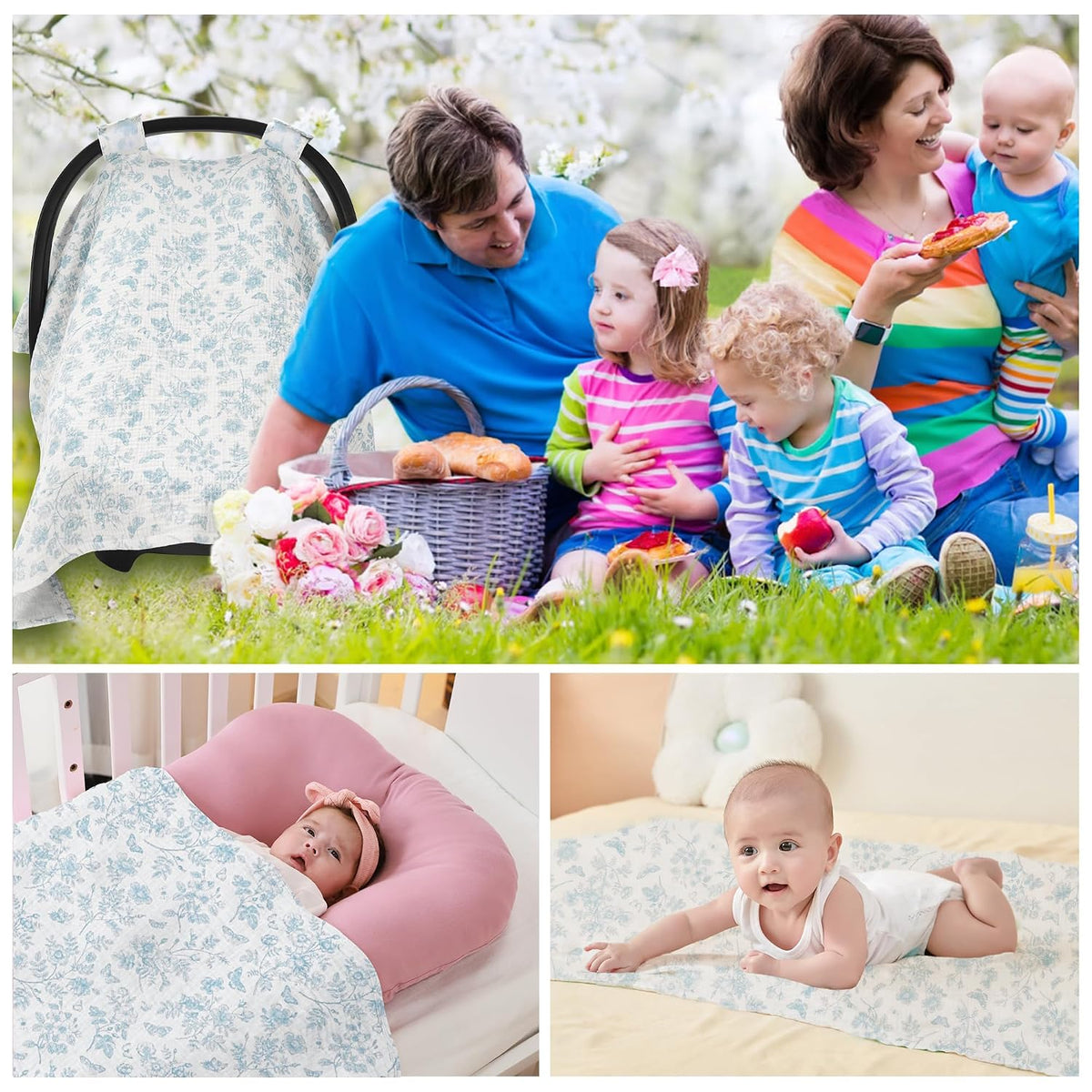 2-in-1 Muslin Baby Car Seat Cover & Nursing Cover, Soft Lightweight Breastfeeding Cover for Boys and Girls,Breathable Canopy for Infant Carseat & Stroller for Summer—Blueberrie