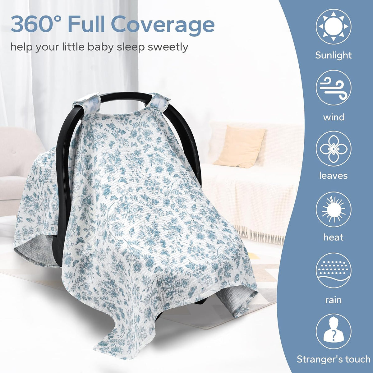 2-in-1 Muslin Baby Car Seat Cover & Nursing Cover, Soft Lightweight Breastfeeding Cover for Boys and Girls,Breathable Canopy for Infant Carseat & Stroller for Summer—Blueberrie