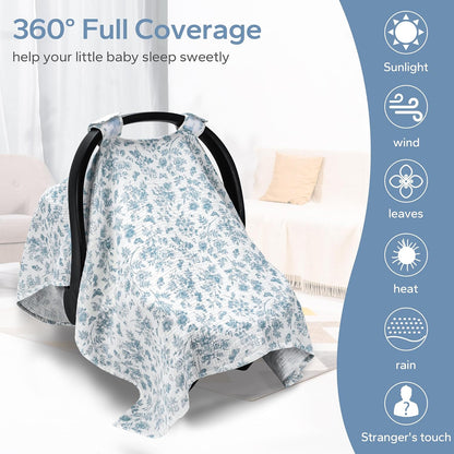 2-in-1 Muslin Baby Car Seat Cover & Nursing Cover, Soft Lightweight Breastfeeding Cover for Boys and Girls,Breathable Canopy for Infant Carseat & Stroller for Summer—Blueberrie