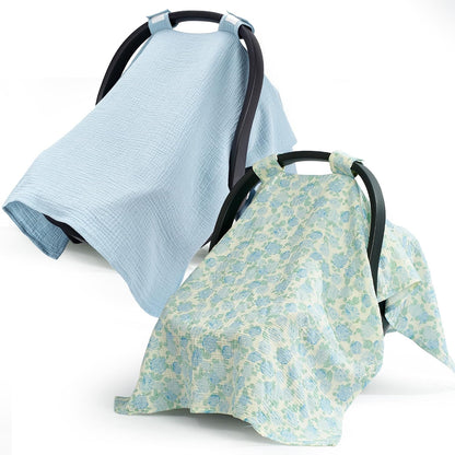 2-in-1 Muslin Baby Car Seat Cover & Nursing Cover, Soft Lightweight Breastfeeding Cover for Boys and Girls,Breathable Canopy for Infant Carseat & Stroller for Summer—Blueberrie
