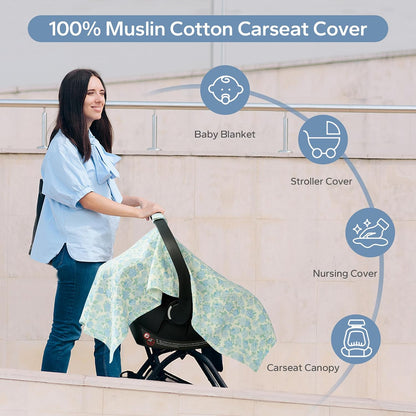 2-in-1 Muslin Baby Car Seat Cover & Nursing Cover, Soft Lightweight Breastfeeding Cover for Boys and Girls,Breathable Canopy for Infant Carseat & Stroller for Summer—Blueberrie