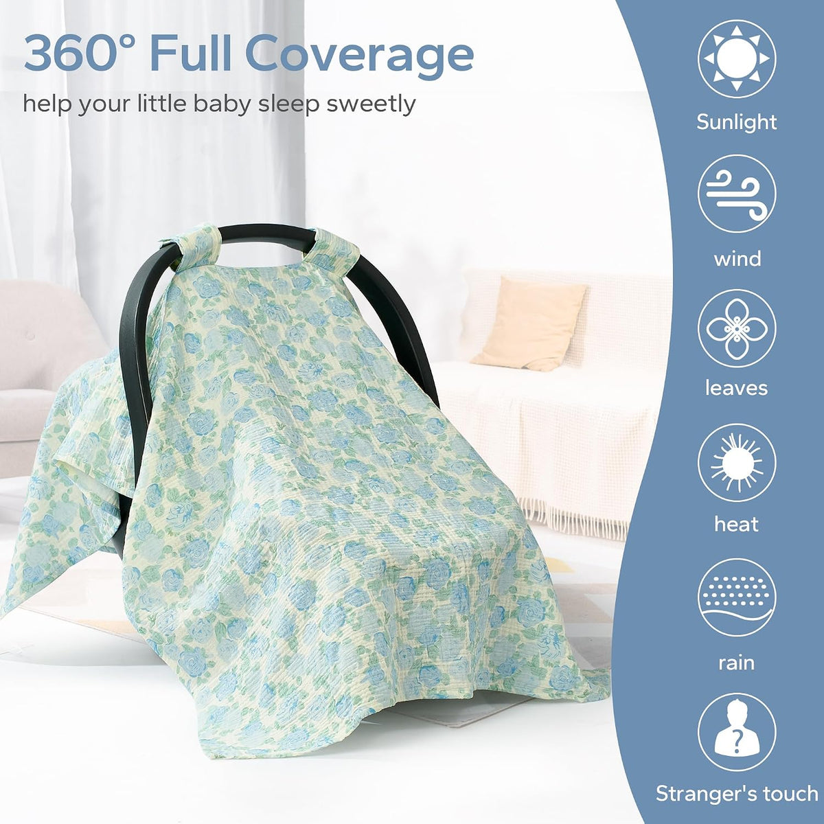 2-in-1 Muslin Baby Car Seat Cover & Nursing Cover, Soft Lightweight Breastfeeding Cover for Boys and Girls,Breathable Canopy for Infant Carseat & Stroller for Summer—Blueberrie