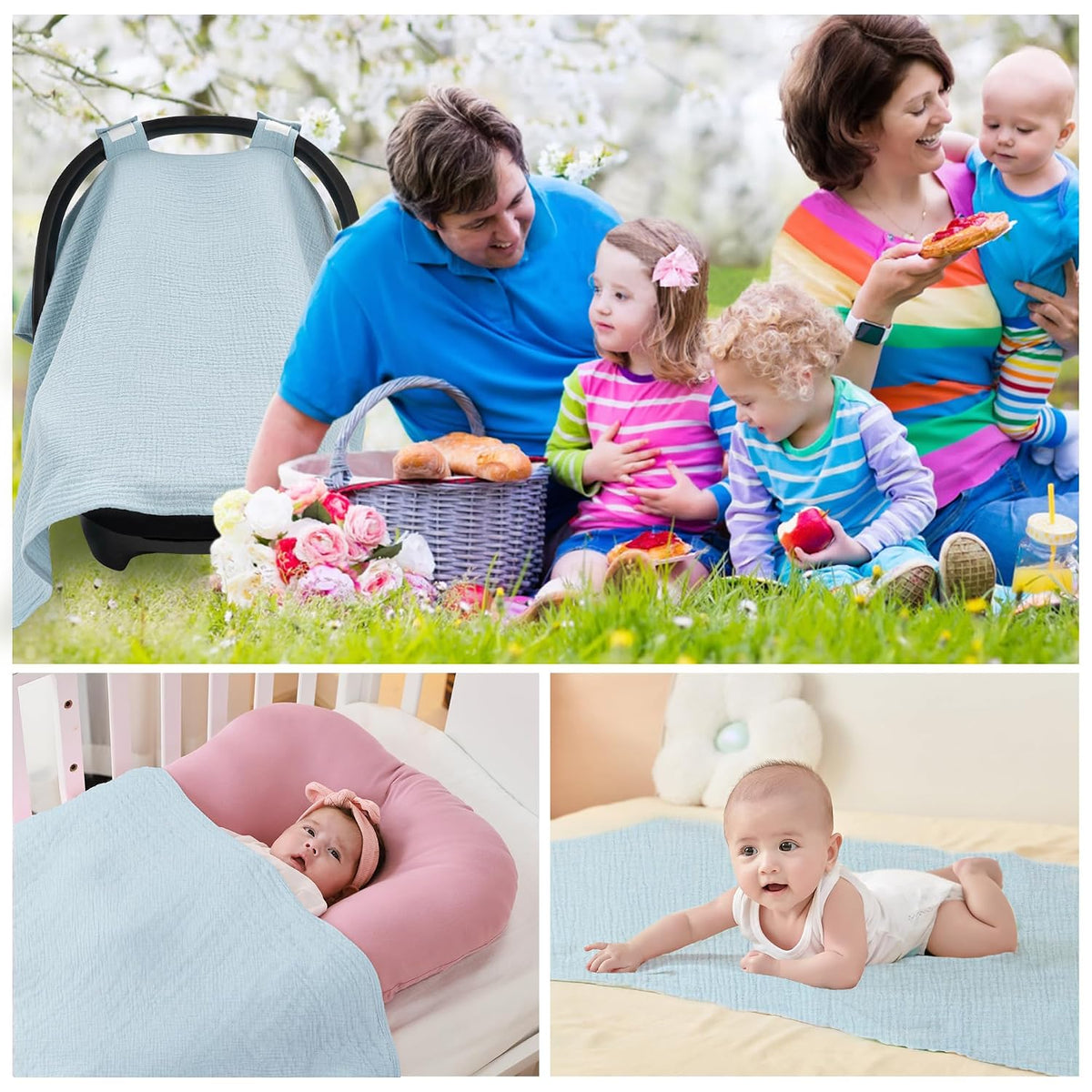 2-in-1 Muslin Baby Car Seat Cover & Nursing Cover, Soft Lightweight Breastfeeding Cover for Boys and Girls,Breathable Canopy for Infant Carseat & Stroller for Summer—Blueberrie
