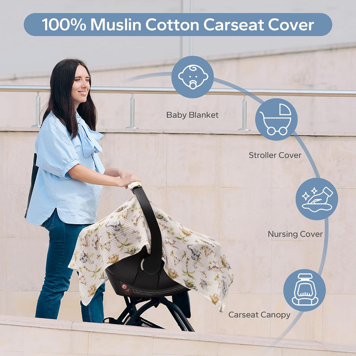 2-in-1 Muslin Baby Car Seat Cover & Nursing Cover, Soft Lightweight Breastfeeding Cover for Boys and Girls,Breathable Canopy for Infant Carseat & Stroller for Summer—Blueberrie