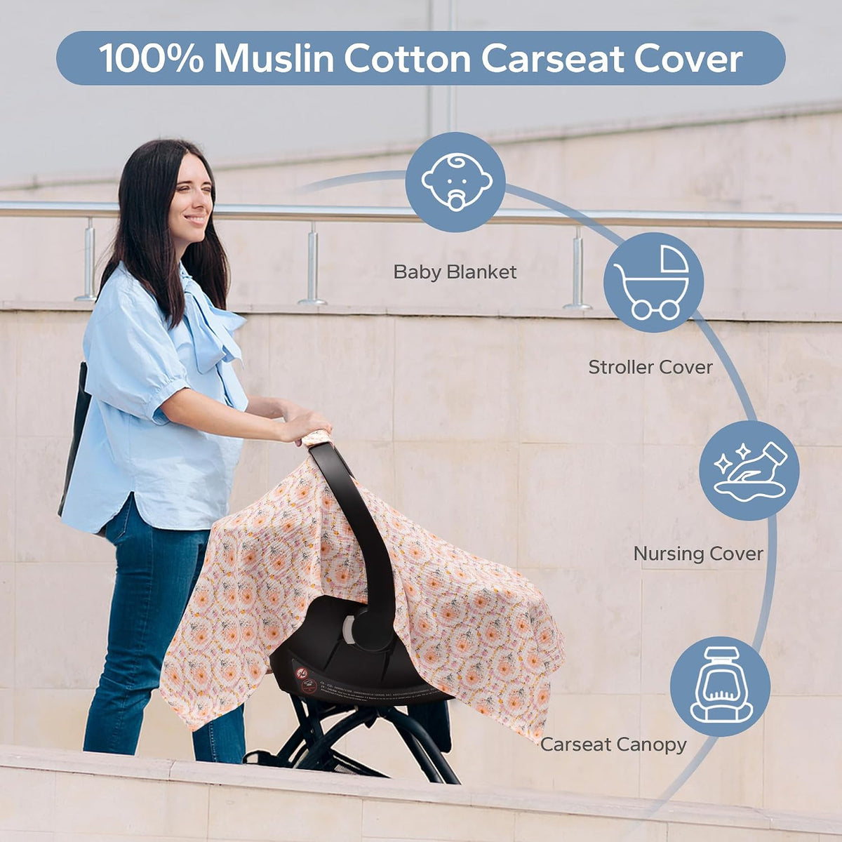 2-in-1 Muslin Baby Car Seat Cover & Nursing Cover, Soft Lightweight Breastfeeding Cover for Boys and Girls,Breathable Canopy for Infant Carseat & Stroller for Summer—Blueberrie
