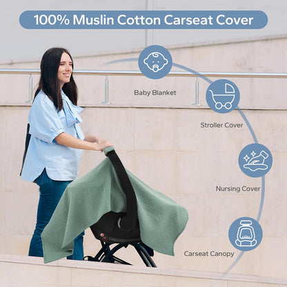 2-in-1 Muslin Baby Car Seat Cover & Nursing Cover, Soft Lightweight Breastfeeding Cover for Boys and Girls,Breathable Canopy for Infant Carseat & Stroller for Summer—Blueberrie