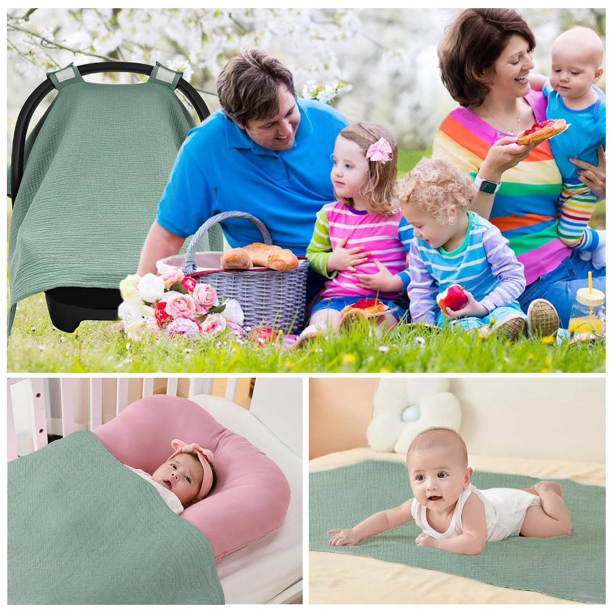 2-in-1 Muslin Baby Car Seat Cover & Nursing Cover, Soft Lightweight Breastfeeding Cover for Boys and Girls,Breathable Canopy for Infant Carseat & Stroller for Summer—Blueberrie