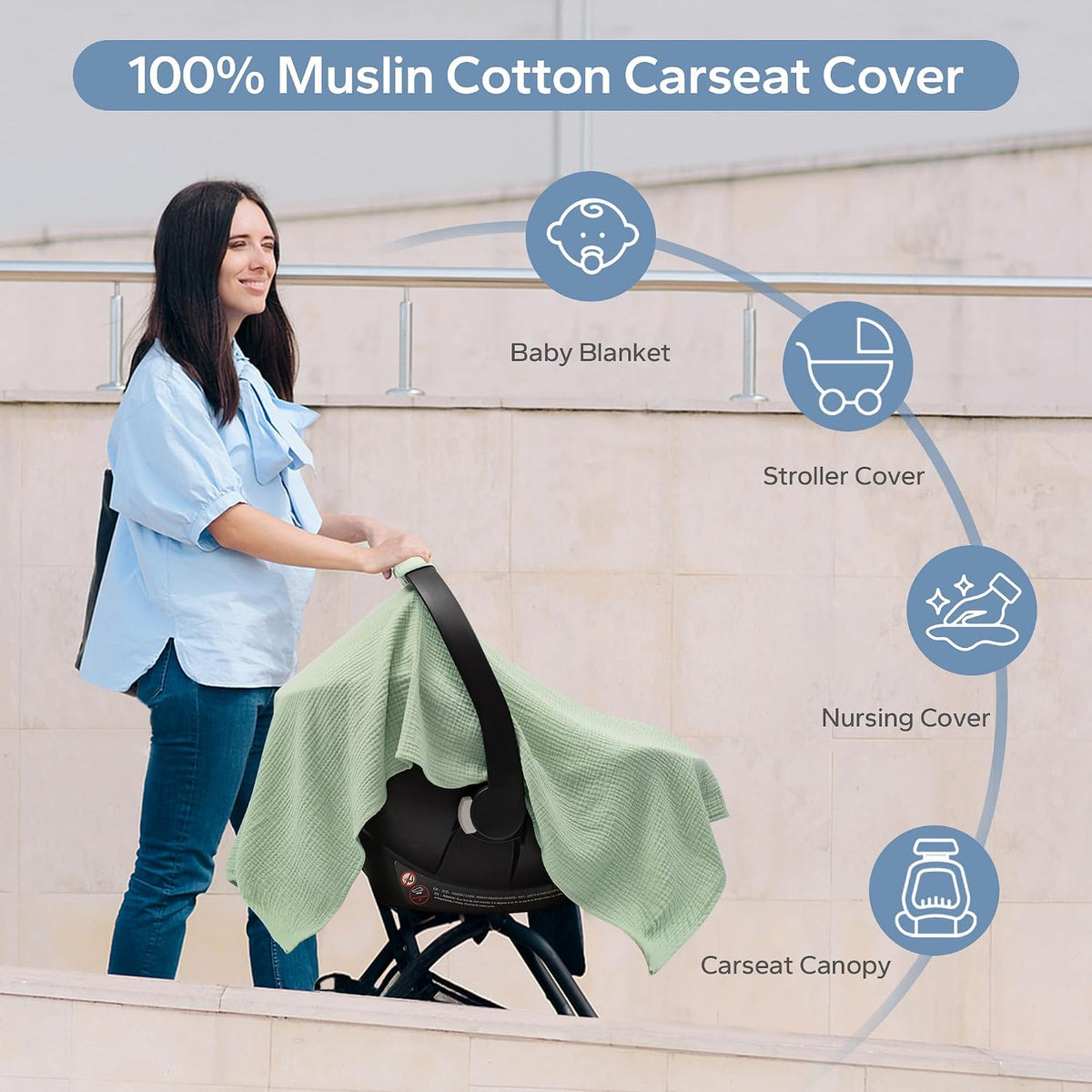 2-in-1 Muslin Baby Car Seat Cover & Nursing Cover, Soft Lightweight Breastfeeding Cover for Boys and Girls,Breathable Canopy for Infant Carseat & Stroller for Summer—Blueberrie